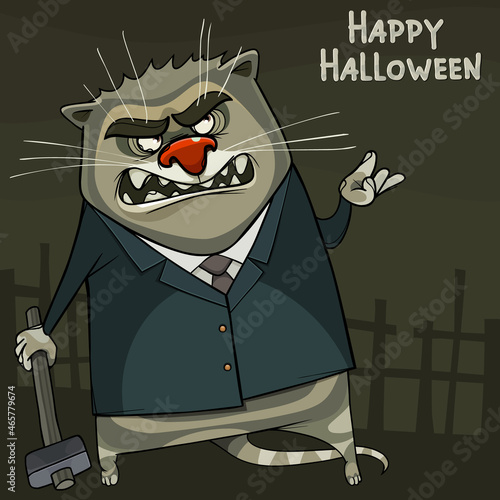 cartoon angry cat in a jacket and with a sledgehammer in halloween