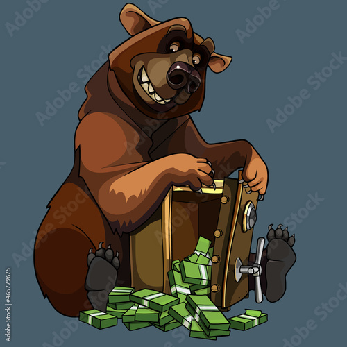 cartoon bear hacked into a safe filled with wads of money