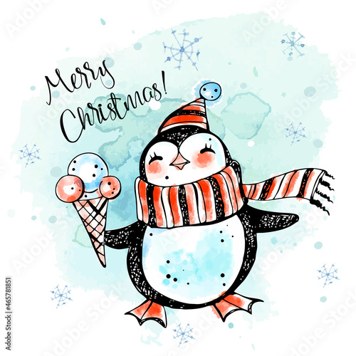 Merry Christmas. A cheerful penguin in a hat and scarf with ice cream. New Year's card. Watercolor graphics. Vector.