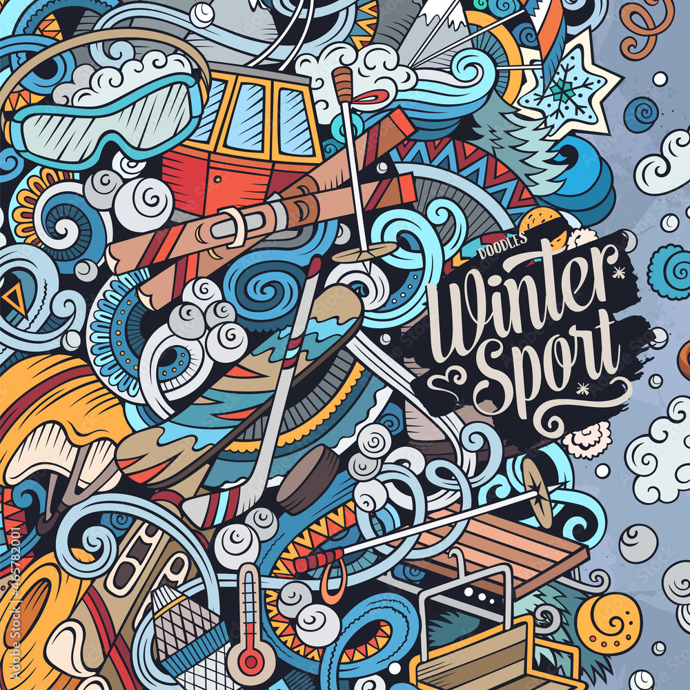 Winter sports hand drawn vector doodles illustration. Ski resort card design.