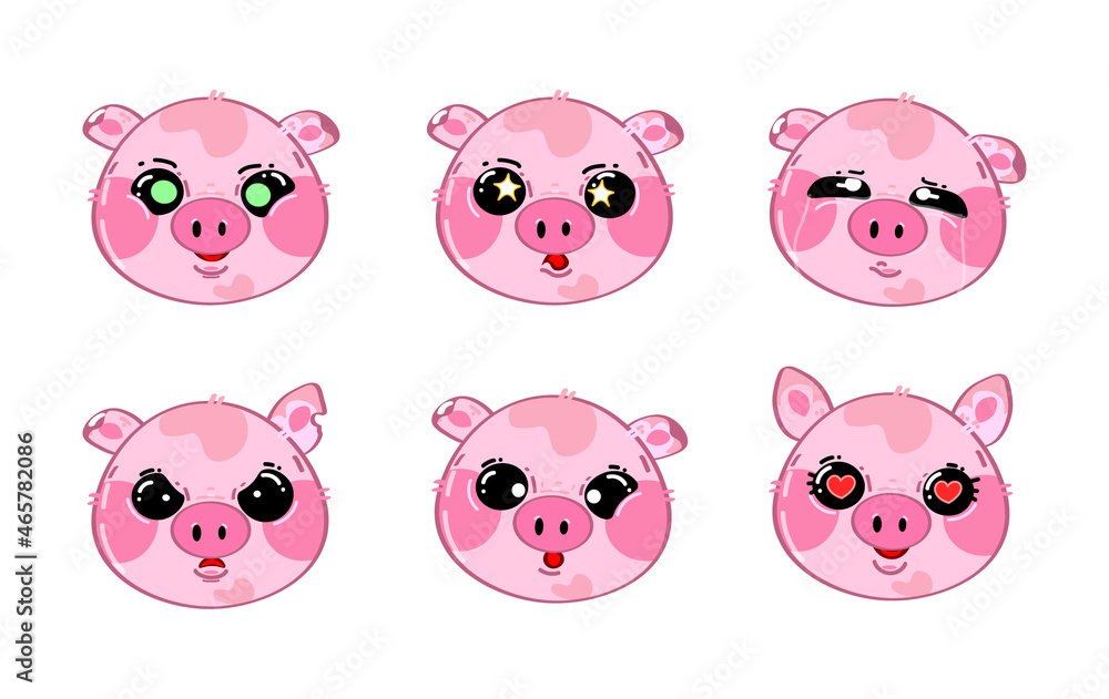 Set of cute piggy face different emotions.Vector flat cartoon kawaii character illustration icon. Cartoon cute pig character icon set Set of cute piggy face different emotions.Vector flat cartoon kawaii character illustration icon. Cartoon cute pig character icon set