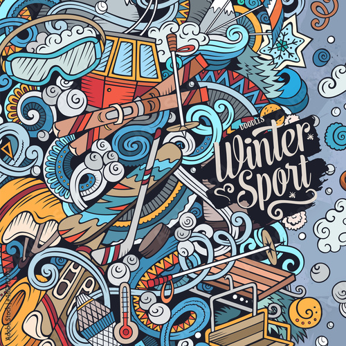 Winter sports hand drawn vector doodles illustration. Ski resort card design.