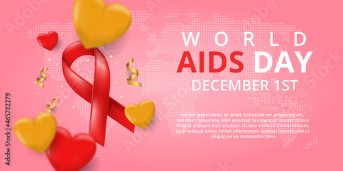 World Aids Day Banner with Realistic Red Ribbon and Love Balloons for AIDS Awareness Day.