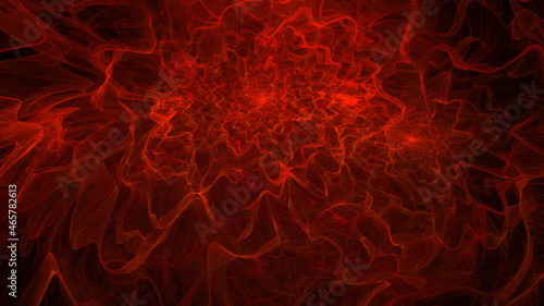 Surreal fractal image of red flashes and lines of convolutions on black 4k