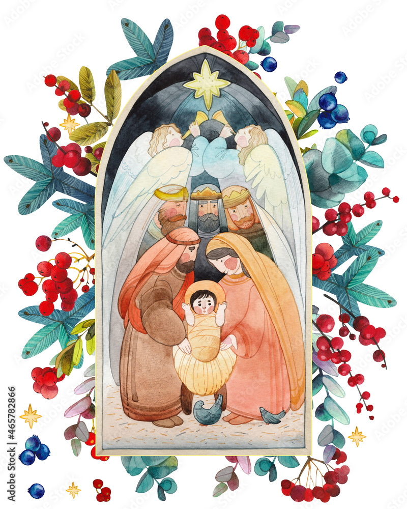 Christian Christmas illustration "Nativity scene" Mary, Joseph, baby
