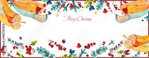 Christmas flower banner with angels and winter flowers, eucalyptus twigs, fir branches, Christmas trees, evergreens, berries and fruits. For the design of Christmas packaging, publications, labels