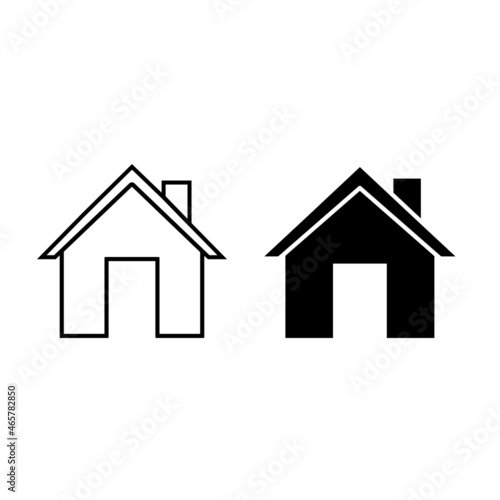 Home icon set. House symbol. Simple flat shape building logo sign. Black silhouette and outline version. Isolated on white background.