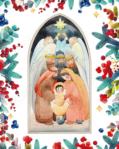 Foto Christian Christmas illustration Nativity scene: Mary, Joseph, baby Jesus Christ in a manger, three wise men, angels and the star of Bethlehem in a floral frame