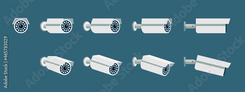 CCTV camera icon set. Security surveillance flat icons. Safety control videcam rotation collection. Video protection system symbols. Vector eps illustration