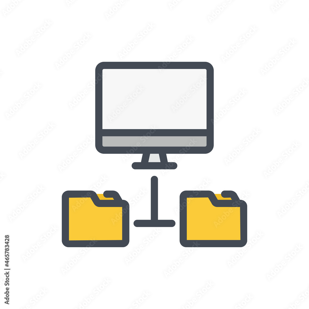 Computer with connection to folders color line icon. File management network vector outline colorful sign. Computer with connection to folders color line icon. File management network vector outline colorful sign.