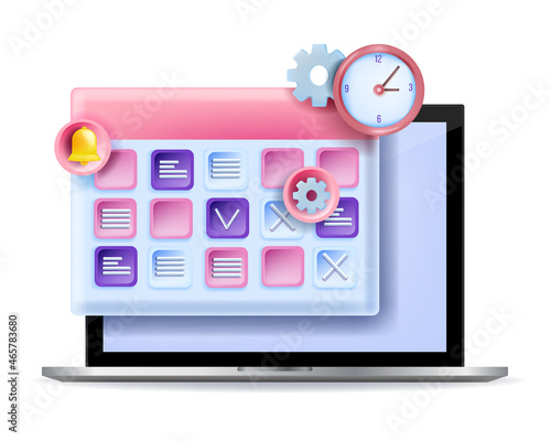 3D calendar schedule planning concept, vector online event agenda illustration, laptop screen, clock. Web education daily work project management, office routine process timetable. 3D calendar icon