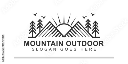linear mountain landscape with sun, pine tree logo design for isolated, adventure outdoor, travel hiking logo