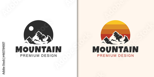 rock mountain landscape with sun logo design for isolated, adventure outdoor, travel hiking logo