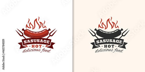vintage retro Sausage hot grilled logo, bbq, barbecue classic logo with black version
