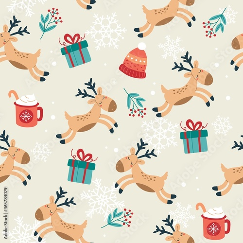 Christmas pattern with cute reindeer, gifts and cups. Festive background with hand drawn elements, vector illustration photo