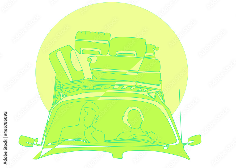 people going on vacation and relaxing with their travel bags strapped to the top of the car. big sun concept in background people going on vacation and relaxing with their travel bags strapped to the top of the car. big sun concept in background
