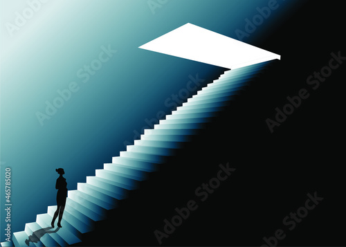 a person goes up the stairs leading up to the bright light