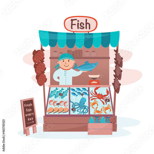 Illustration fish Stall counters fish seller 