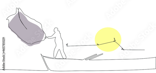 fisherman throws his net into the sea and nature scenery drawing concept