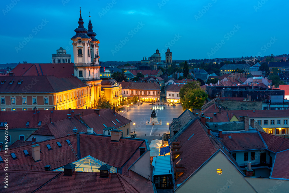 illuminated dobo square at dusk in Eger aerial view from the caste
