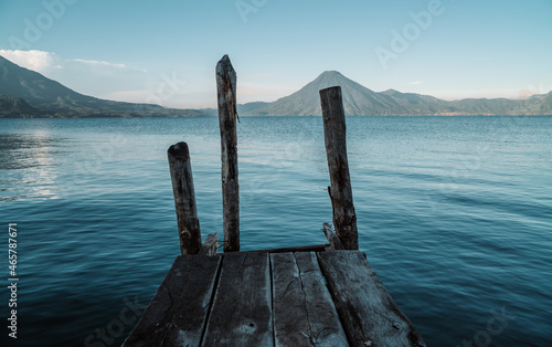 Wooden docks in Panajachel on Lake Atitlan in Guatemala photo