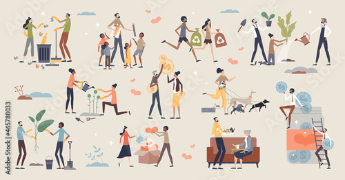 Volunteering and charity with environmental help tiny person collection set. Mini scenes with social responsibility, community solidarity and nature support vector illustration. Elders or poor items.