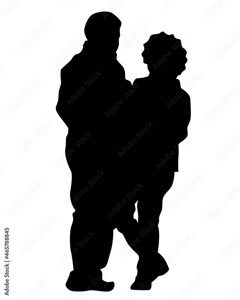 Elderly woman and man with a stick is walking down the street. Isolated silhouette on a white background Elderly woman and man with a stick is walking down the street. Isolated silhouette on a white background