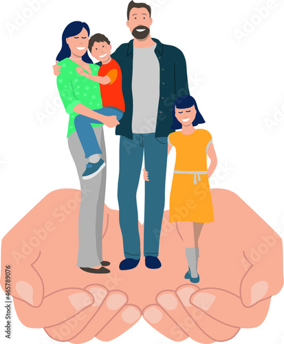 illustration vectorielle représentant une famille sereine, heureuse et souriante portée par deux grandes mains qui symbolisent la protection et l'aide sociale