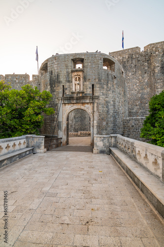 Pile gate entrance at Dubrovnik old town. Morning time during sunrise. Soft light. Dubrovnik is famous tourist destination in Croatia, part of UNESCO heritage