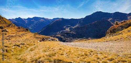Panoramic view of the mountains that surround the Arcalis valley, going up to the solar viewpoint of Trtiana. Arcalis, Ordino, Andorra photo