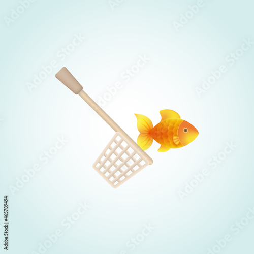 Vector fish catching icon for web. Isolated pictogram with a goldfish and a scoop net on a blue background. Colorful bright fishing illustration for online pet store