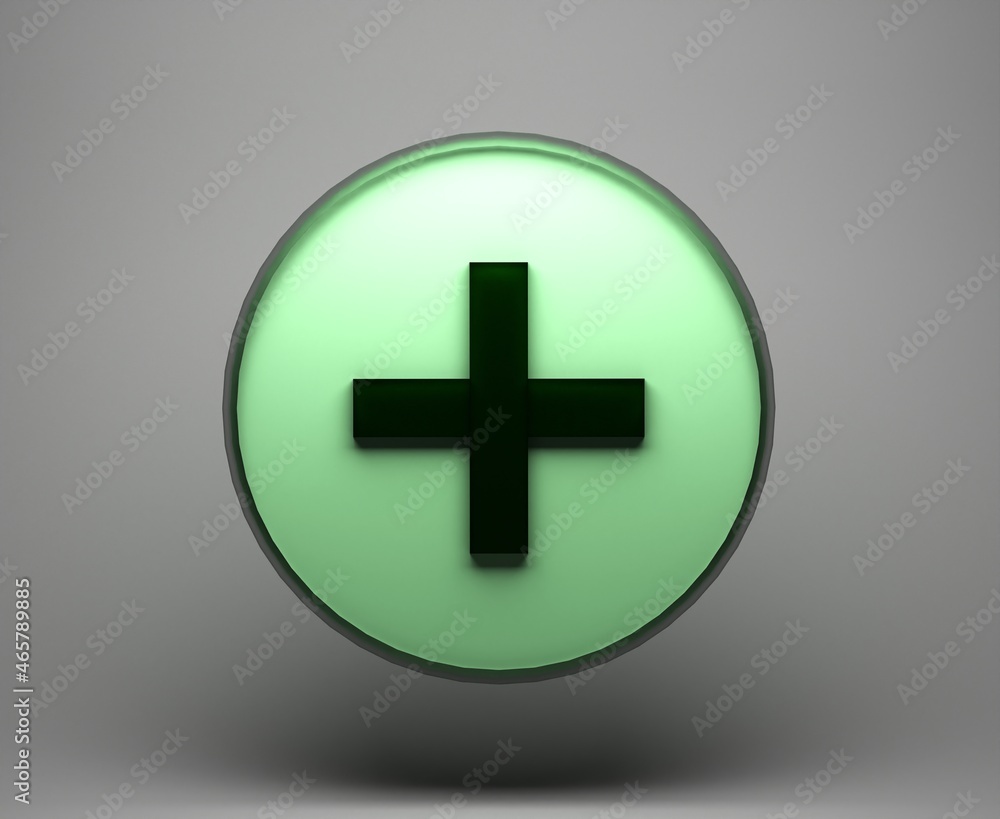 Obraz premium plus sign icon symbol or green colored symbol coated with approved glass material on gray background confirmation, 3D rendering.