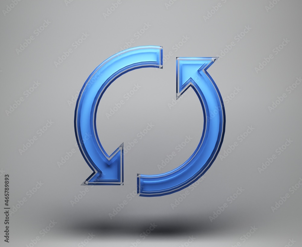 Minimal refresh symbol with glass material on grey background. 3d rendering.