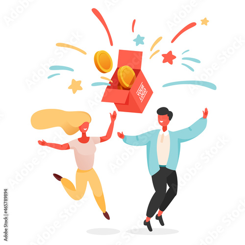 Loyalty program and bonus concept. Donation and wealth clipart. Characters are jumping and waving hands in a happy mood.