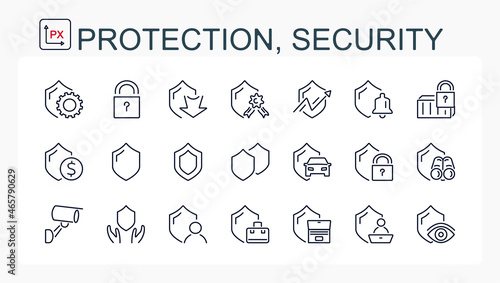 A set of vector illustrations, icons from a thin line, protection and security.