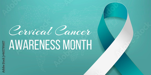Cervical cancer awareness month banner with teal and white ribbon awareness and text. Vector illustration.