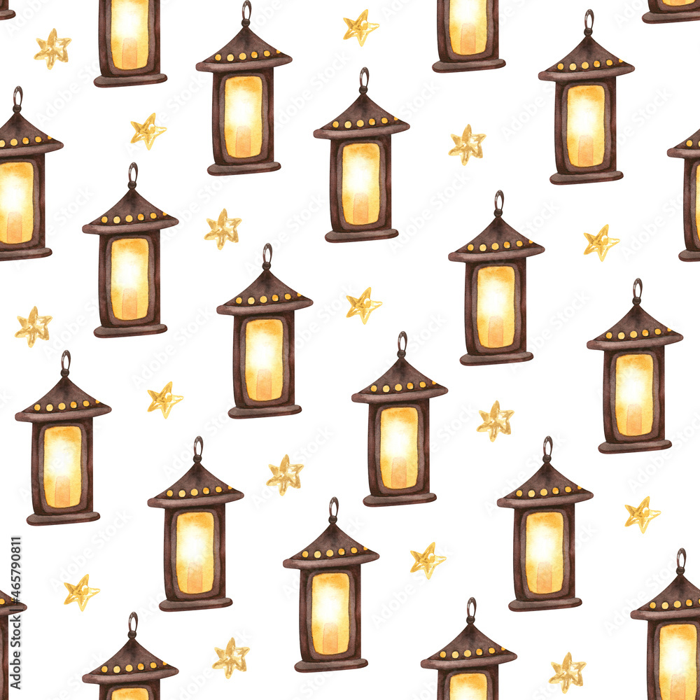 Christmas seamless pattern with burning candle lanterns and golden stars on white background. Hand painted watercolor illustration. Great for fabrics, wrapping paper, greeting cards. Christmas seamless pattern with burning candle lanterns and golden stars on white background. Hand painted watercolor illustration. Great for fabrics, wrapping paper, greeting cards.