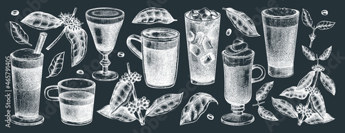 Hand-sketched coffee illustrations collection on chalkboard. Vector sketches of mugs with aromatic caffeine drinks. Botanical coffee plants, leaves and beans in vintage style. Vector beverages set