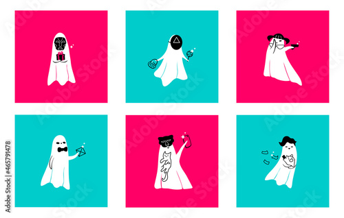 A set of cute ghosts in costumes.Halloween concept card concept with ghosts. Cute cartoon creepy characters.