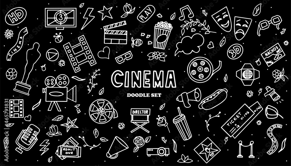 Cinema, TV Shows, Series and Movies Funny Doodle Vector set. Hand drawn colorful illustration. Set for podcast, awards and radio. Background