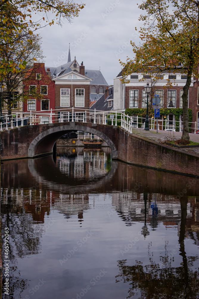 Old bridge in the Leiden center under the cloudy sky