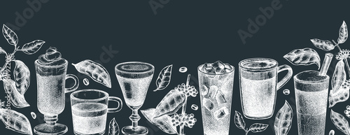 Hand-sketched coffee banner design. Vector sketches of  mugs with aromatic caffeine drinks templates. With botanical coffee plants, leaves and beans in vintage style. Vector beverages background