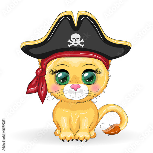 Lion pirate, cartoon character of the game, wild animal cat in a bandana and a cocked hat with a skull, with an eye patch. Character with bright eyes