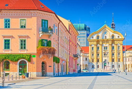 View of Congress Square and the Ursuline Church of the Holy Trinity in the center of Ljubljana, Slovenia