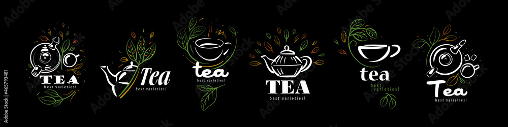 Obraz premium Vector set of logos with a painted teapot, a cup of tea and leaves