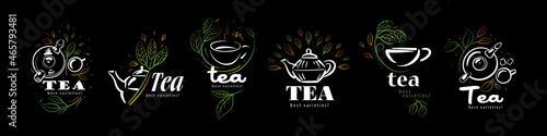 Vector set of logos with a painted teapot, a cup of tea and leaves