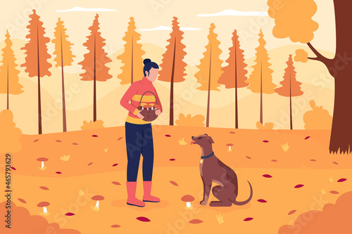 Mushroom picking in fall flat color vector illustration. Girl holding basket. Recreational activity in autumn forest. Woman with pet 2D cartoon characters with landscape on background