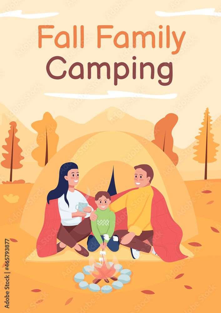 Fall family camping poster flat vector template. Parent taking kid on hiking trip. Brochure, booklet one page concept design with cartoon characters. Autumn flyer, leaflet with copy space
