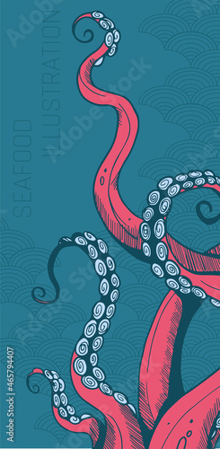 colored bright illustration with tentacles, graphic style. red and blue colours and simple wave pattern