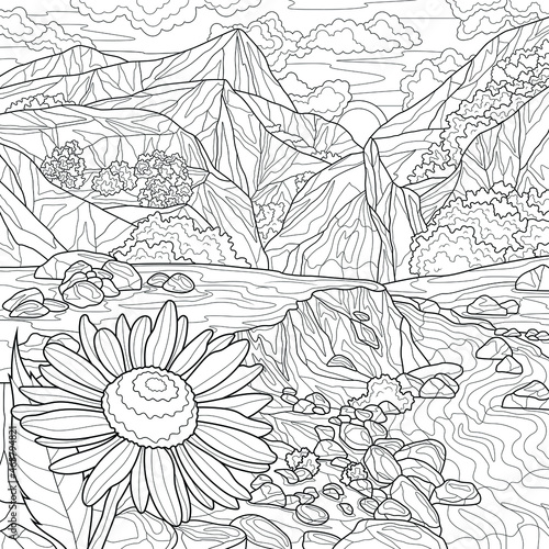 Chamomile and mountains landscape.Coloring book antistress for children and adults. Illustration isolated on white background.Zen-tangle style. Hand draw
